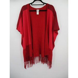 CAbi Womens Red Colorblock Fringe Poncho Wrap Cape Sweater Ladies Size XS S